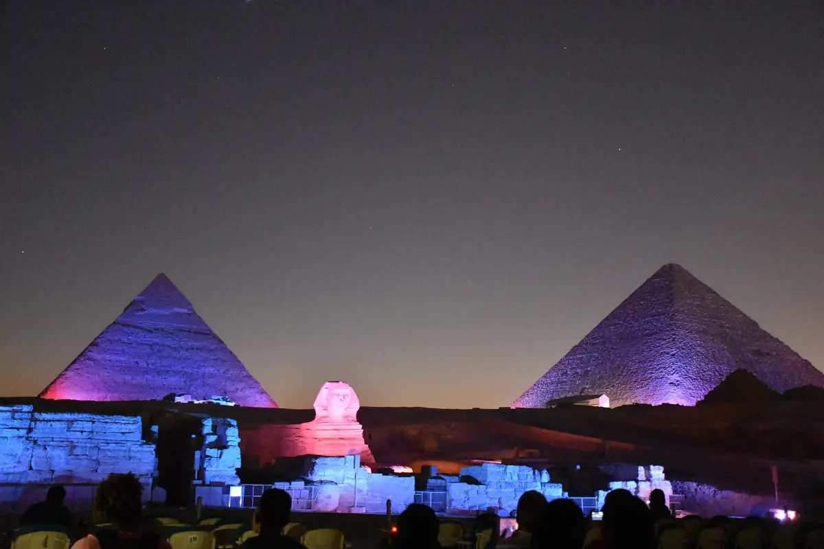 The illuminated pyramids at night