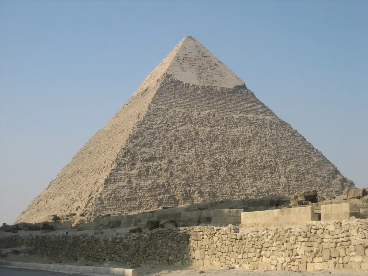 The Pyramid of Khafre with remains of its casing at the top