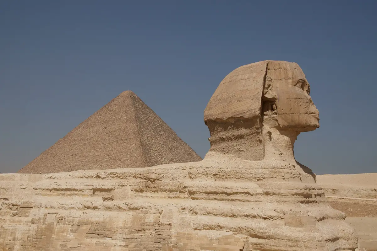 The Great Sphinx with the Great Pyramid behind