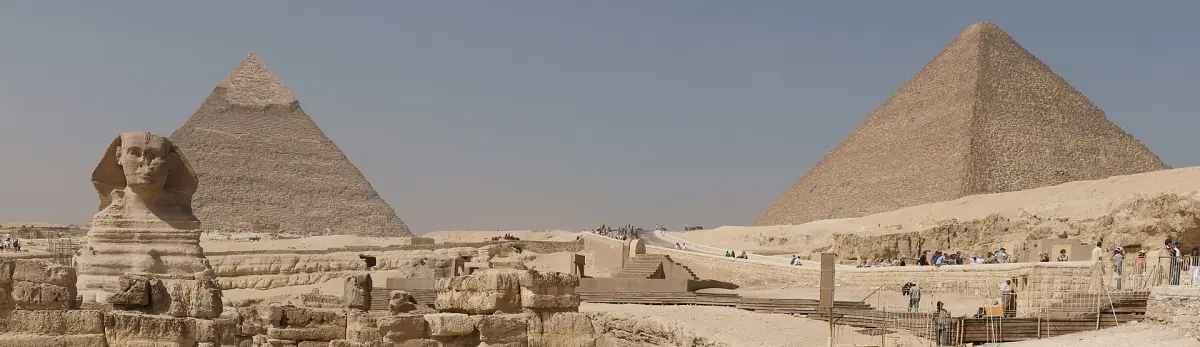 The Sphinx in front of the pyramids of Khafre and Khufu