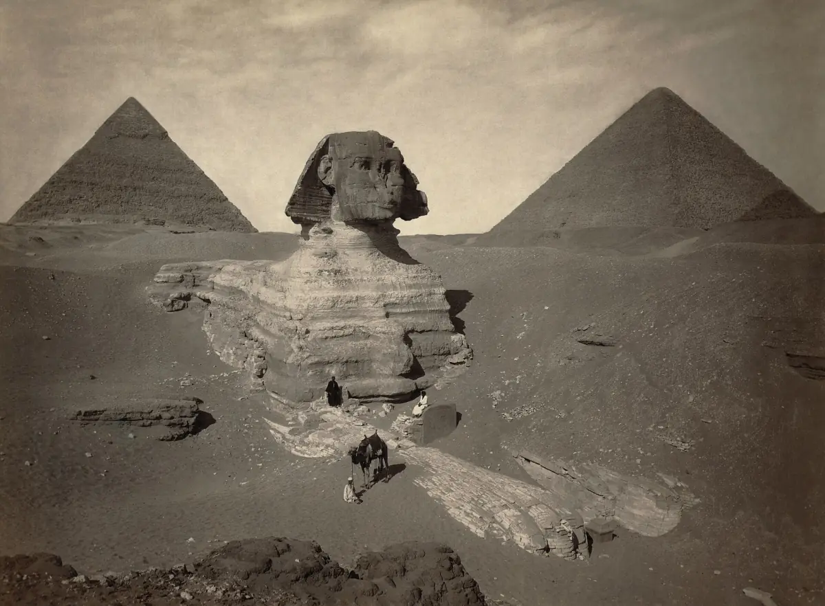 The Sphinx partly buried in sand in a 19th-century photo